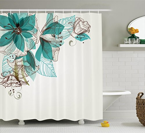 Turquoise Shower Curtain Decor Flowers, Teal Green And Brown Shower Curtain