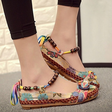 Women Ethnic Lace Up Beading Round Toe Comfortable Flats Colorful Loafers Shoes(Size 35-42)
