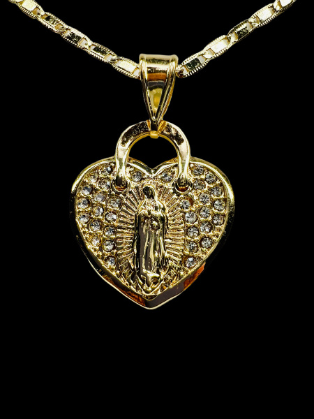 14K Gold Our Lady of Guadalupe Heart Necklace and Pendant Oro Virgen De ...
