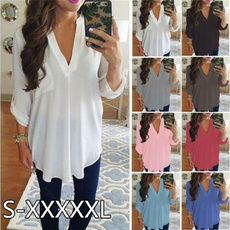 S~5XL Plus size Chiffon Shirt V-neck Long Sleeve Loose Tops T Shirt