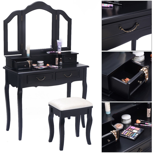 Makeup Table Dresser 4 Drawers Stool, Black Tri Folding Mirror Vanity Set With Light
