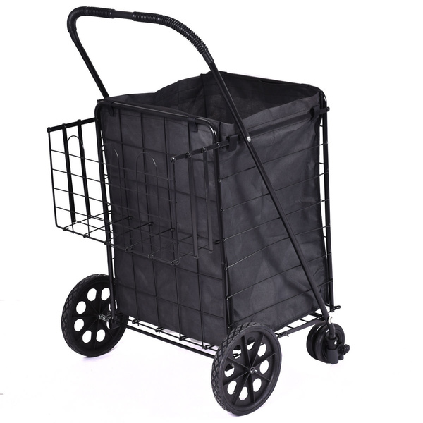 Folding Shopping Cart Jumbo Basket Grocery Laundry Travel w/ 4 Wheels 
