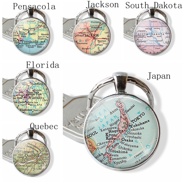 Japan Map Pendant Japan Key Ring Tourist Map Key Chains Glass Dome ...