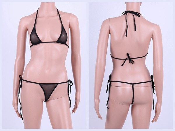 Black See Through Mesh Women Strappy Halter Neck G String Open Butt Bikini Lingerie Set Wish