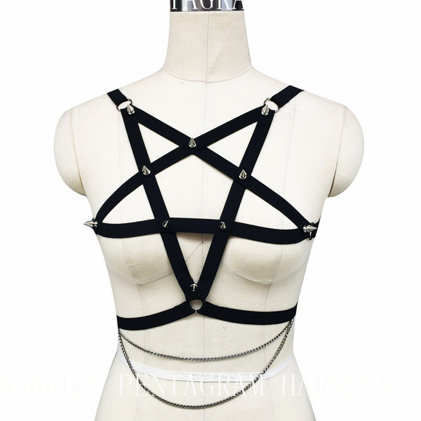 Pentagram Harness Bra Caged Strap Bra Harness Black Elastic Strappy Bralette  Crop Tops Sexy Body Harness Chain Gothic Punk Spiked Bra Cosplay Rave  Harness Lingerie