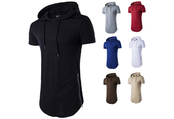 Men's Hipster Hip Hop Short Sleeve Hoodie Side Zipper T Shirt Mens Hooded  TShirt Streetwear Tee Tops Clothes For Man