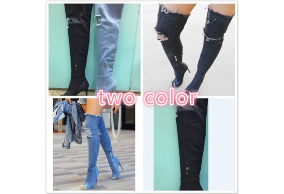 blue jean over the knee boots