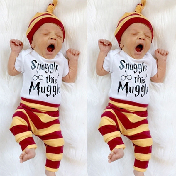 Baby Snuggle this Muggle Bodysuit and Striped Pants Outfit with Hat