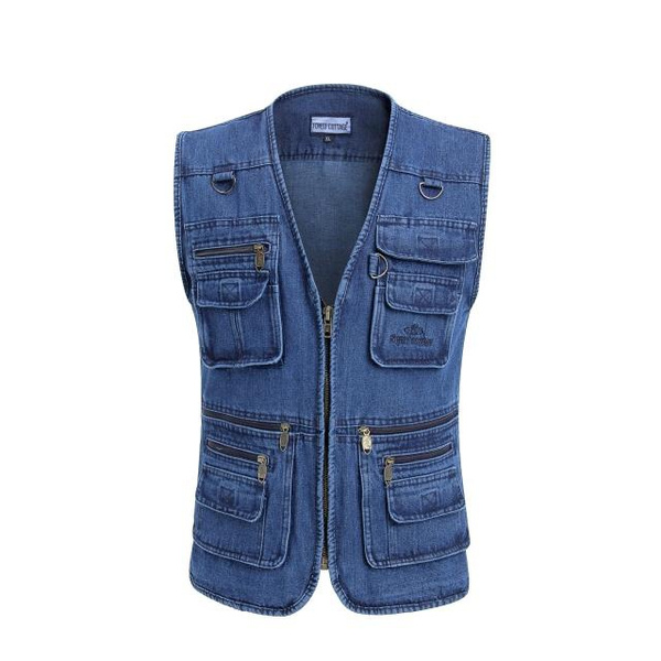 Men Wash Jeans Denim Waistcoat Vest Multi Pocket Outdoor Gilet