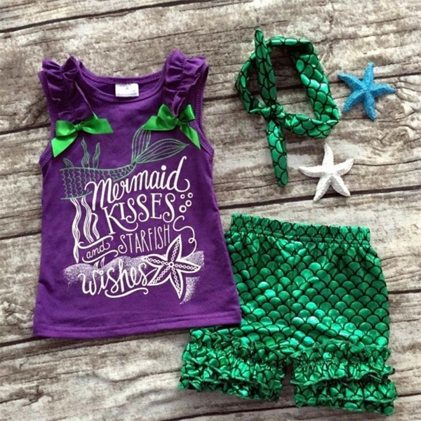 US Toddler Kids Baby Girls Mermaid Vest Tops+Shorts+Headband Outfits Clothes Set 