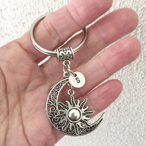 Crescent Moon Keychain/ Sun Initial Key Chain/ Moon Sun Key Chain/ Sun Moon  Keyring/ Celestial Initial Key Ring/ Sun Charm Keychain