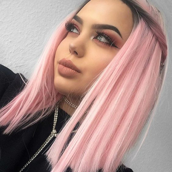 New Stylish Lolita Ombre Pink Wigs Dark Root Straight BOBO Hair