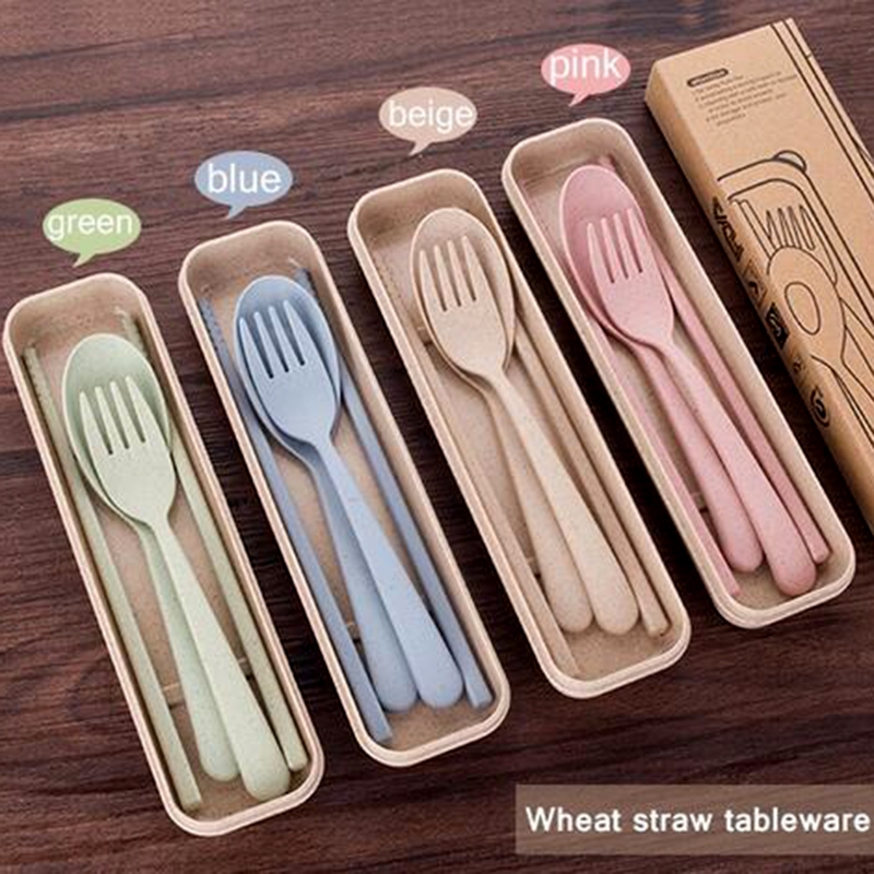 4 piece Portable Plastic Wheat Straw Fork Spoon Box Tableware Camping Picnic Set