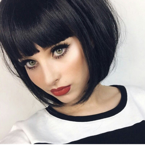 Fashion Short Black Bob Wigs with Bangs for Women Free Wig Cap Color Black