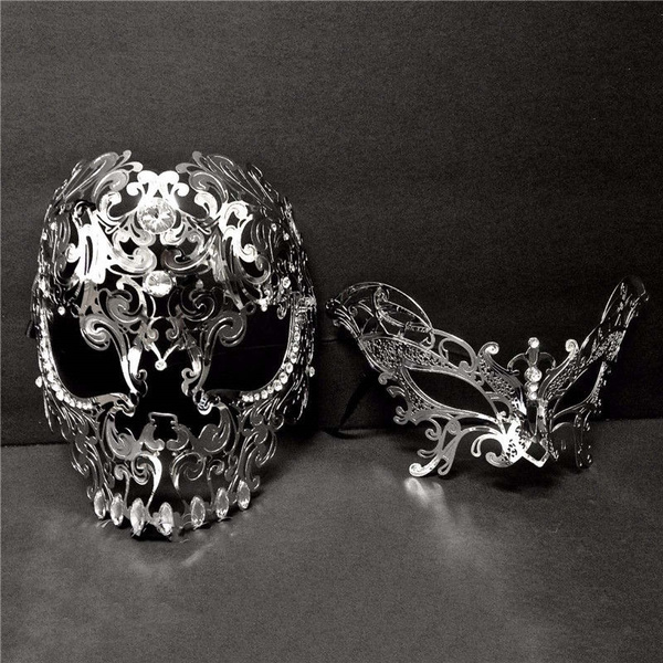 Couple Metal Evil Skull And Phantom luxury Laser Cut Set Party Masquerade Mask 