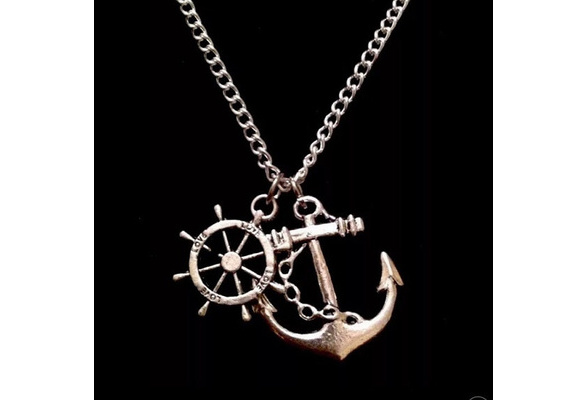 Fashion Silver Alloy Anchor Rudder Look Necklace Charms Pendant Chain Necklace 