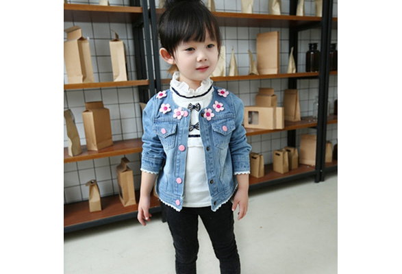 Fashion Little Girls Spring Denim Jacket Korean Flower Lace Jeans