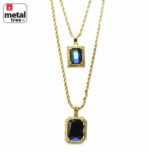 14k Gold Plated Double Blue Ruby 22"&27" Combo Pendant Chain Necklace MHC 216 G 