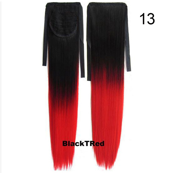 Ponytail BlackTRed Black Red Ombre Color Synthetic Drawstring Ribbon Ponytails Hair Extensions Straight 22inch 90gram Hairpieces