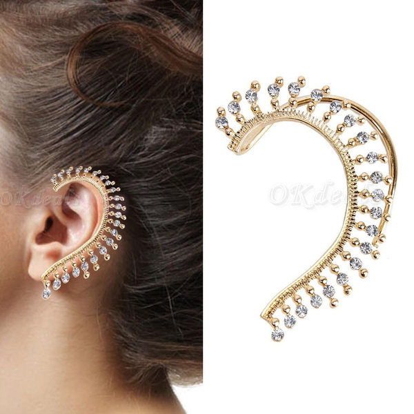 Hot Gold Celebs Crystal Rhinestone Ear Cuff Wrap Clip On Earring Studs Punk  Rock