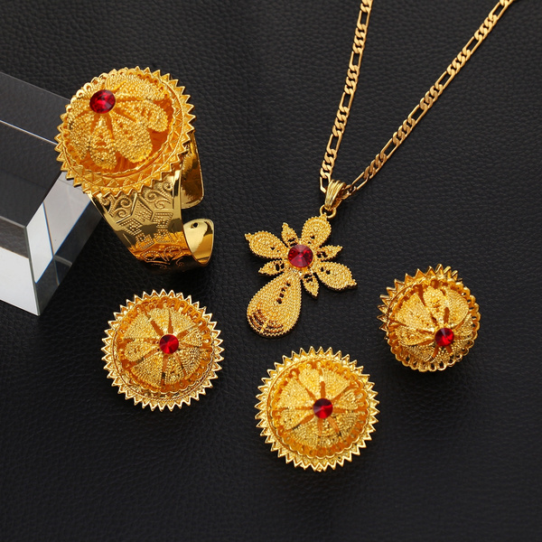 Gold Plated Ethiopian Jewelry Sets Red Blue Green Stone Ethiopian ...