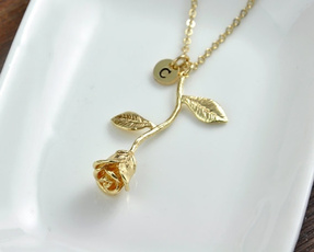 Gold Rose Necklace,Rose pendant Necklace, Anniversary Gift, Personalized Bridesmaid gift, Initial Necklace