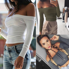 knit crop top, fashion women's clothes, off the shoulder top, sexy Women's Fashion