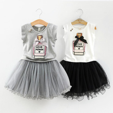 Girls Kids Bowknot Perfume Bottle Printed Casual Outfits Sleeveless T-shirt Bubble Dress
