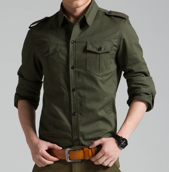 Mens Military Slim Fit Shirt Tops Casual Long Sleeve Button Down Dress Shirt