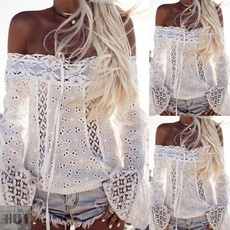 Summer Women Sexy White Embroidery Lace Crop Top Plus Size Clubwear Flare Sleeve Clothing