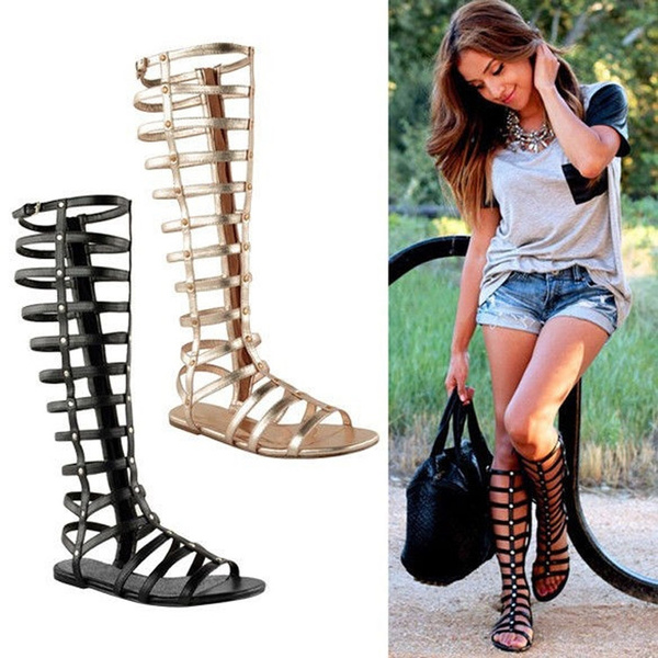 Retro Womens Knee High Sandals Flats Lace Up Strappy Gladiators Roman Shoes A148