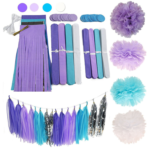 Purple White Lavender Party-Decorations Streamers - 28pcs Tissue Pom Poms,Women Girl Birthday Supplies Tassel Garland Banner,Baby Bridal Shower