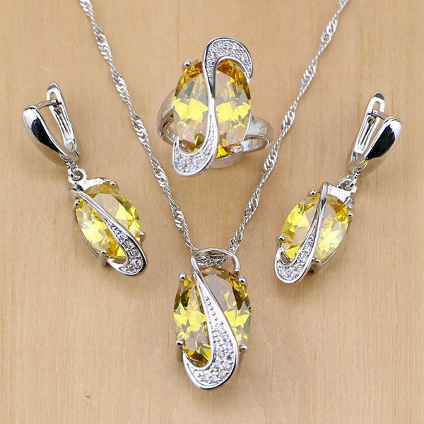 Topaz & CZ necklace Topaz Earrings Topaz Necklace Topaz Jewelry Sterling Silver Yellow Topaz Necklace Earrings Set Wedding Jewelry