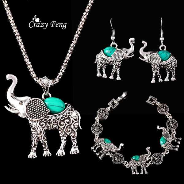 Retro Tibet Silver Elephant Jewelry Set Women Statement Pendant Necklace Earring