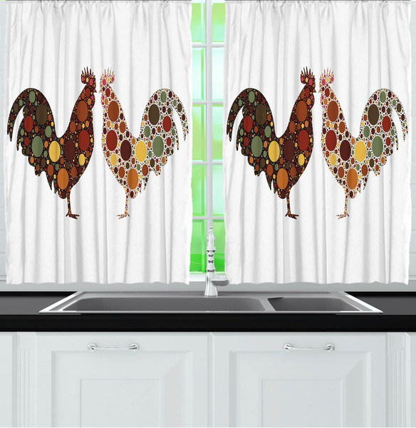 Kitchen Curtains by Ambesonne, Rooster in Polka Dots Country Decor Curtains for Kitchen Windows Brown Rustic Decorations Farmhouse Themes White Brick ...