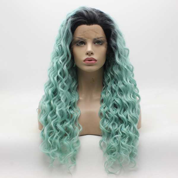 Iwona Hair Curly Long Dark Root Light Blue Ombre Wig Half Hand Tied Heat Resistant Synthetic Lace Front Wig Wish