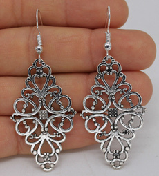 925 Silver Plated Hook - 2.3'' Rhombus Flower Hollow Women Bohemia Wedding Earrings