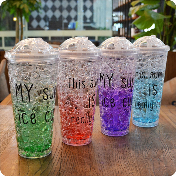 1pc Outdoor Double-layer Plastic Cup With Sliding Lid, Cold-keeping With  Crushed Ice, Double-layer Gel Straw Cup Summer Gift