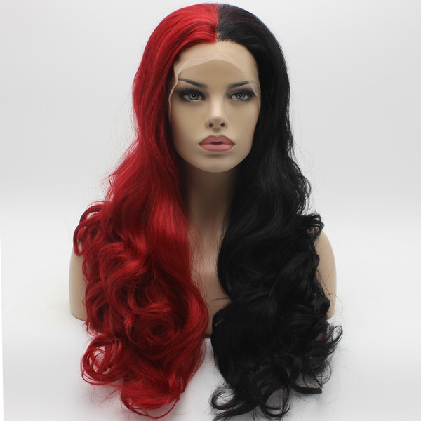 Iwona Hair Synthetic Lace Front Wig Wavy Long 24inch Half Black Half Red Wig Half Hand Tied Realistic Wig