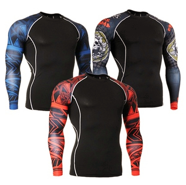 Mens Long Sleeves Compression Shirts Tight Skin Sides 3D Prints Tops Shirts  Male Running Training Workout Fitness Sportswear