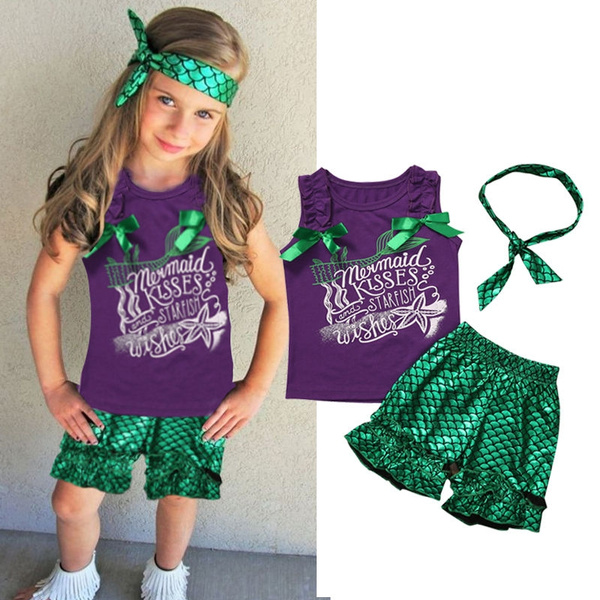 Kids Girl Mermaid Tops T-shirt+Shorts 