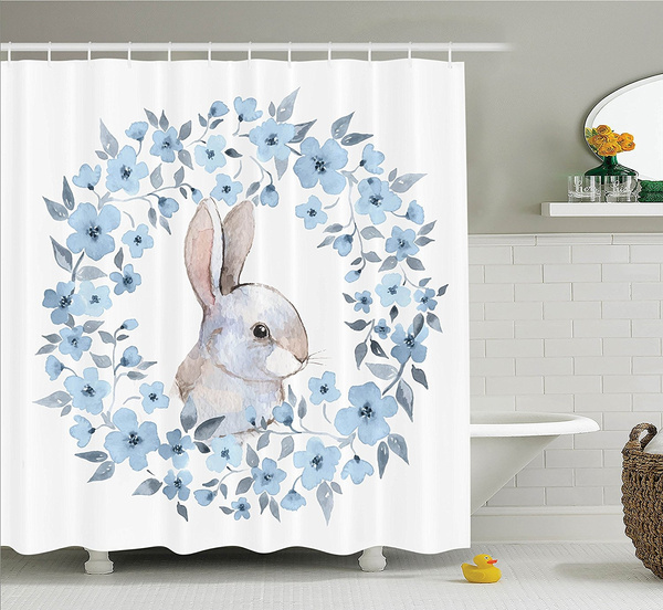 Bathroom Curtains Blue Watercolor Flower Decor Set By Bunny Rabbit Portrait In Fl Wreath Ilration Country Style Theme Shower Curtain Accessories 69w X 70l Inches White Cocoa Wish Bathroom Curtains Blue Watercolor, Country Style Shower Curtains