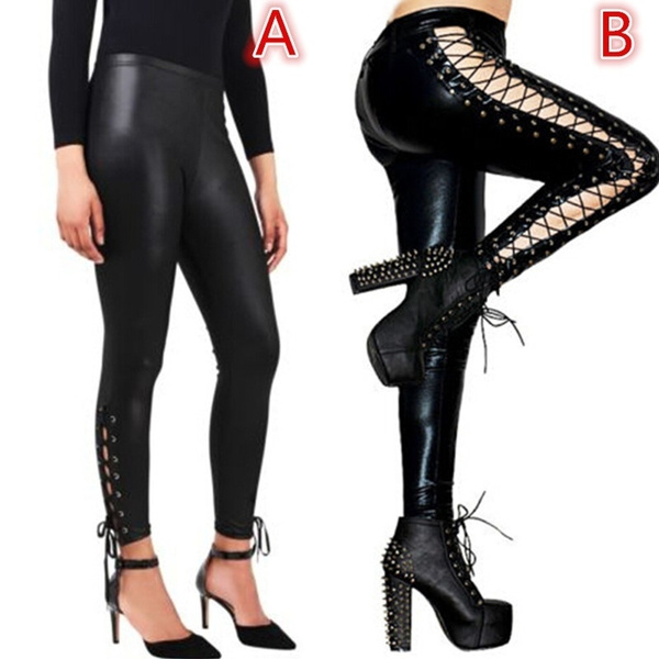 black leather pants with lace up sides