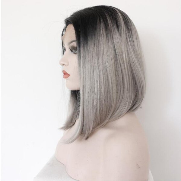 Omber Silver Gray Short Wigs Synthetic Lace Front Hair Natural Straight  Black Grey Bob Wig For Black White Women Heat Resistant | Wish