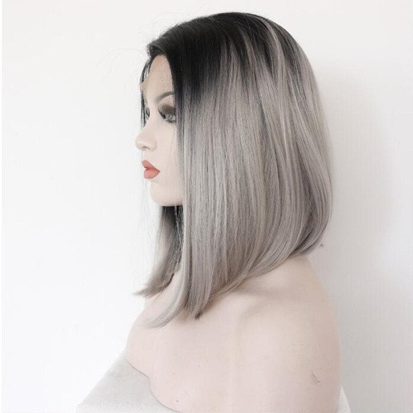 Pelucas cortas de color gris plateado Omber, pelo sintético con frente de encaje, peluca Bob negra gris natural recta para mujeres negras blancas, resistente al calor | Wish