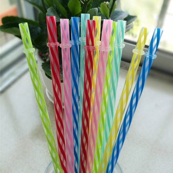 10 PCS BPA-Free Stripe Reusable Plastic Thick Drinking Straws 8 colors