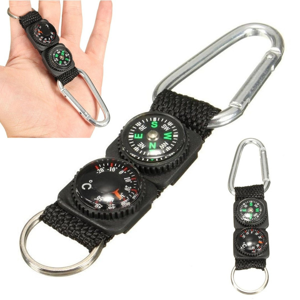 Mini Multifunction 3 in 1 Hiking Travel Compass Thermometer Carabiner Key  Ring