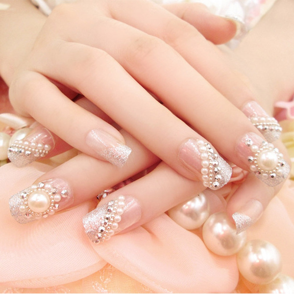 24 unids / set de uñas postizas de imitación para mujer con pegamento, bonitas puntas de Arte de uñas para novia boda, perla, Flora, diseño corto, cuadrado | Wish