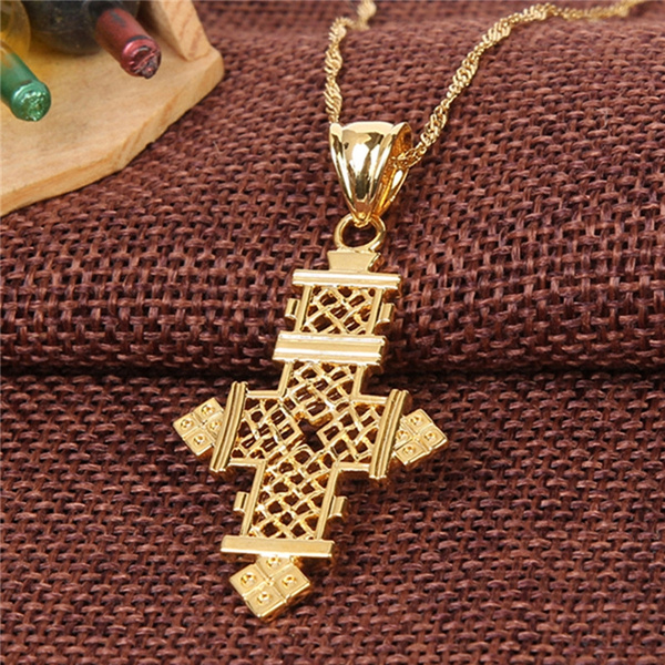Ethlyn Gold Color Ethiopian Big Cross Pendant Necklaces for Women/Men Daily  Use Wear Accessories P55