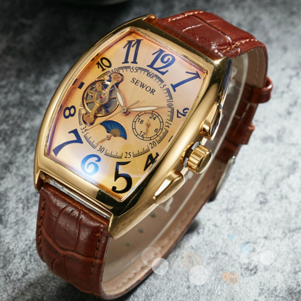 Sewor Automatic Mechanical Men's Watch Gold Case Tonneau Moon